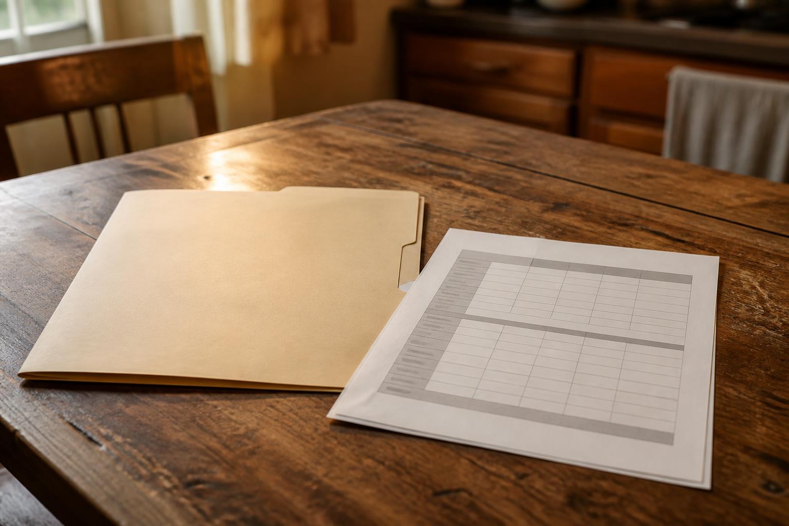 A folder and printed chart rest on a wooden table in a kitchen