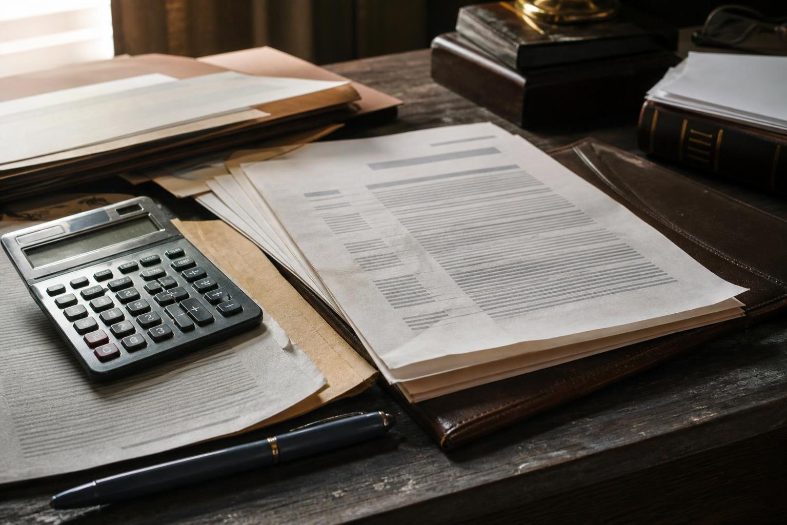 A calculator, pen, and document stacks sit on a dark wooden desk