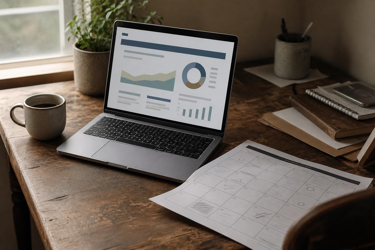 A laptop displaying charts sits beside a mug and calendar on a desk