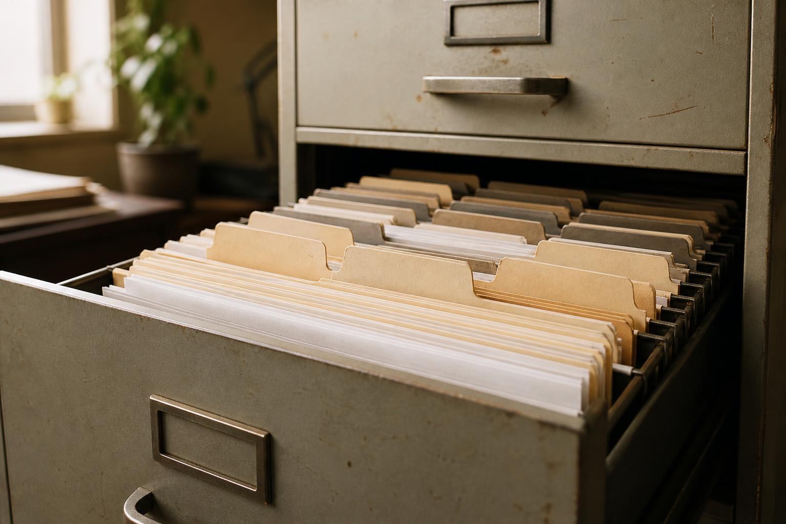 An open filing cabinet drawer contains rows of folders and papers