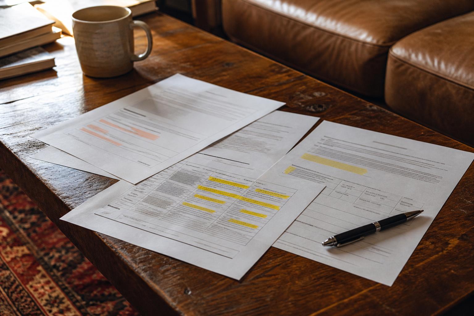 Highlighted documents, a pen, and a mug lie on a wooden coffee table