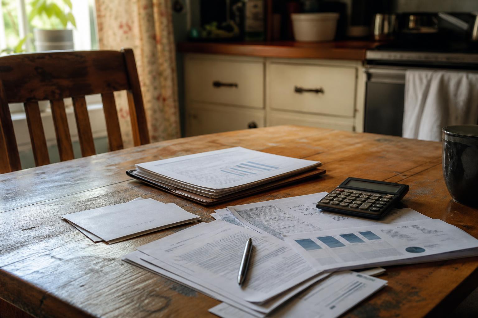 Papers, calculator, pen, and folders sit on a wooden kitchen table
