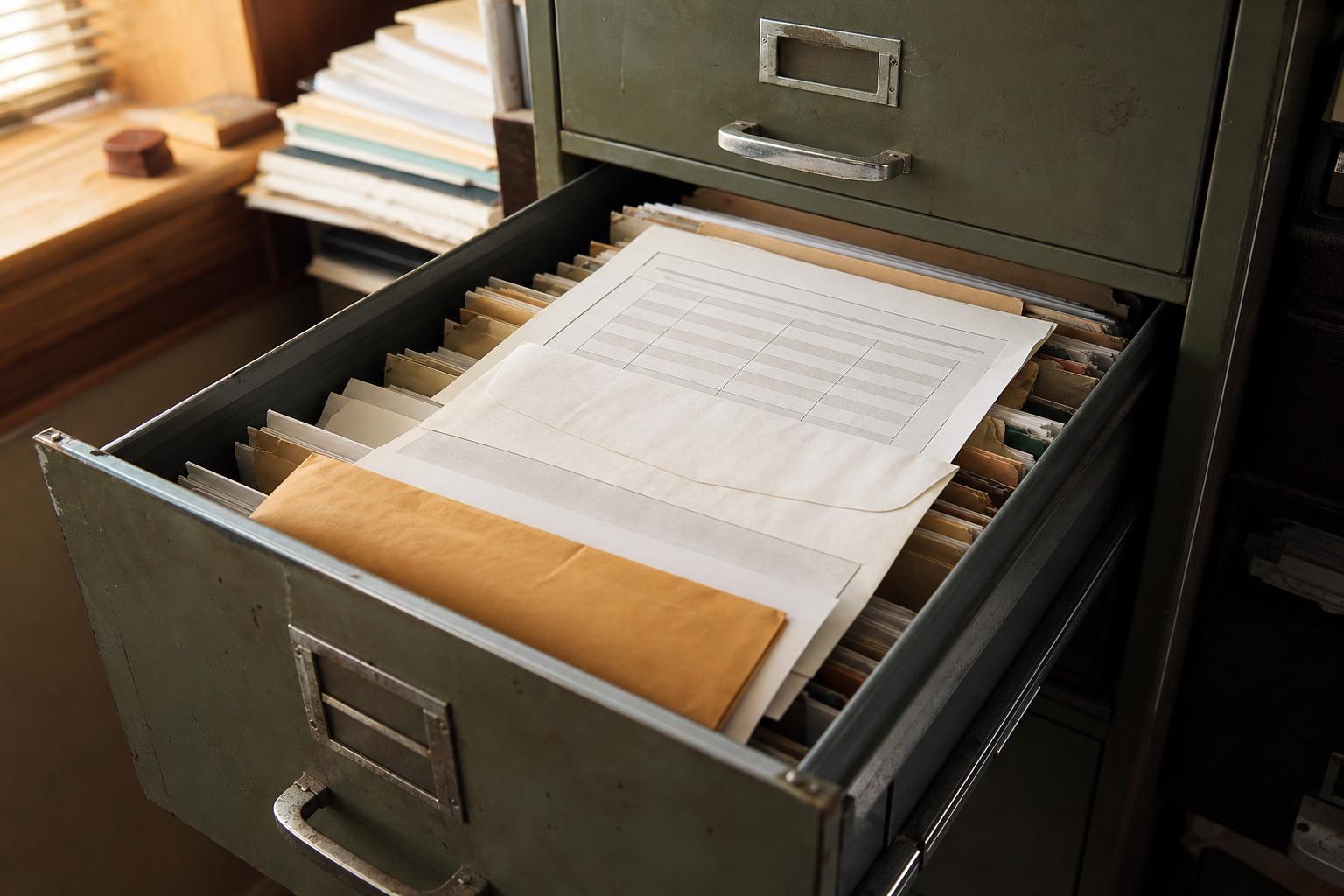 Open metal filing cabinet drawer holds folders, papers, and a brown envelope