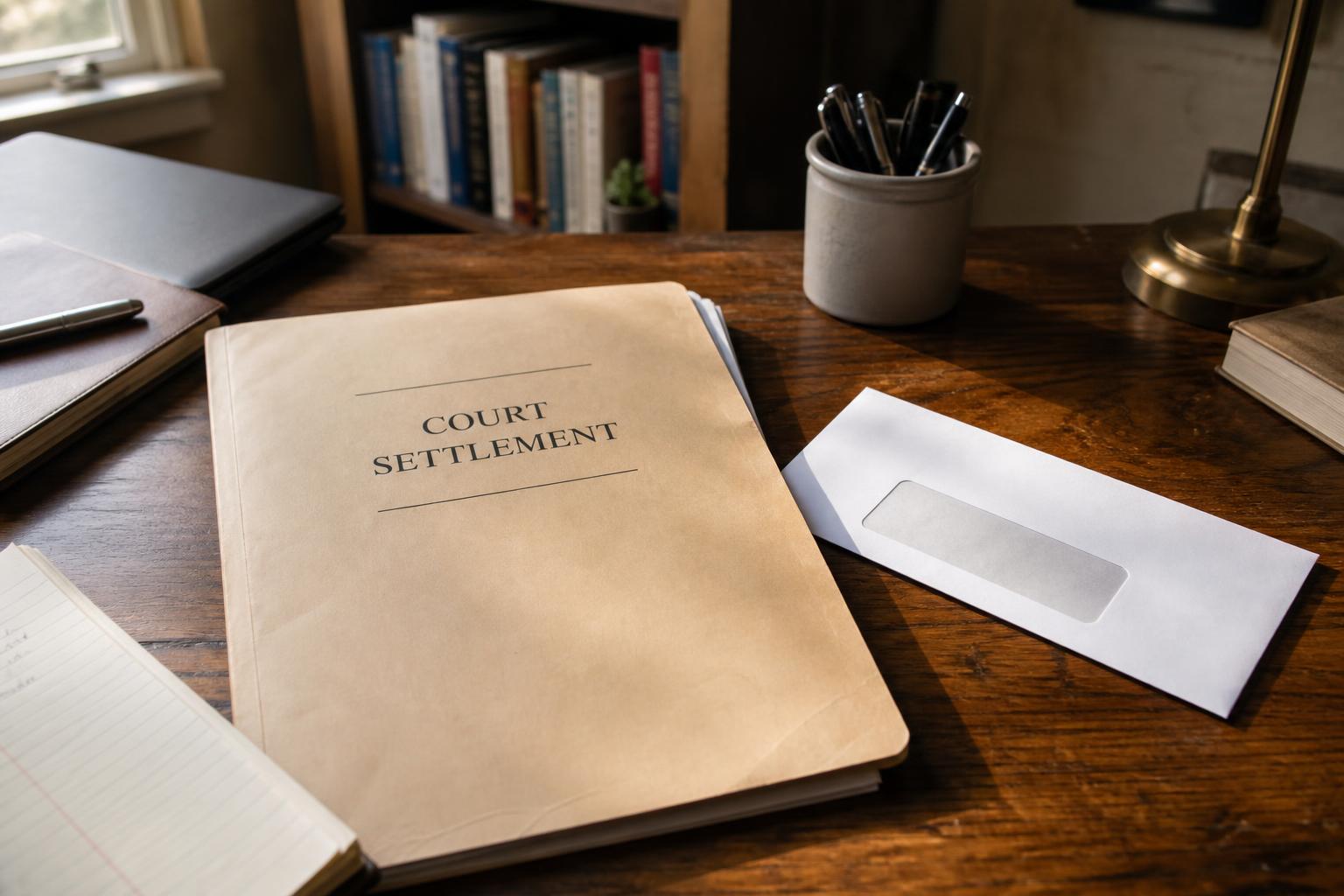 Folder labeled Court Settlement lies on a wooden desk beside an envelope