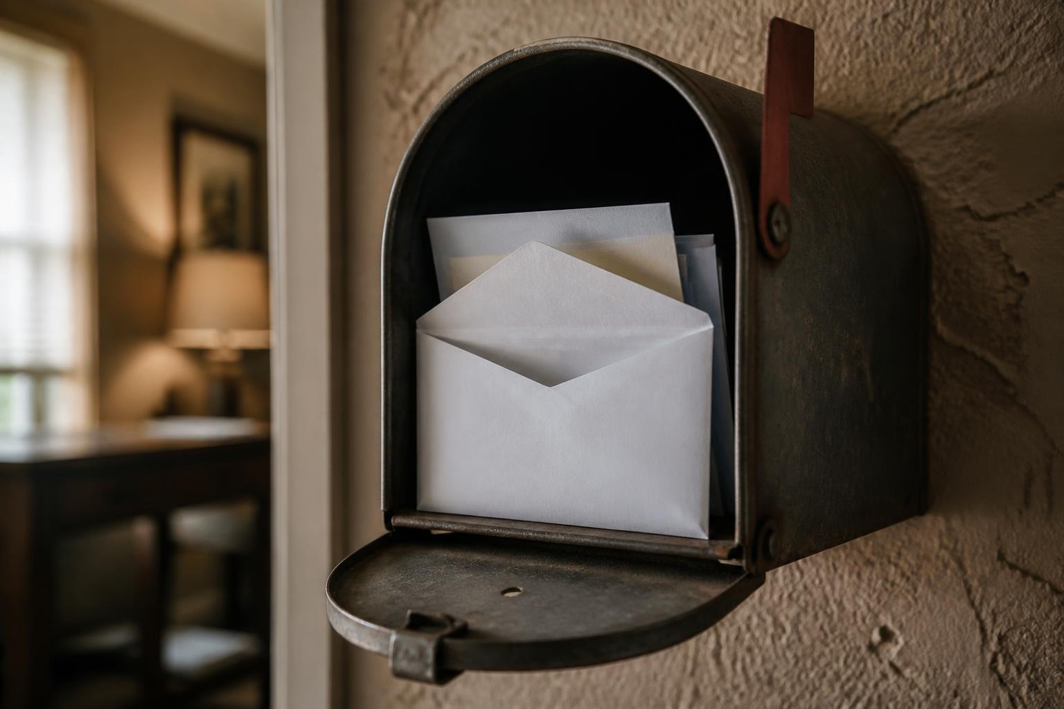 Open wall-mounted mailbox contains several white envelopes near an interior doorway