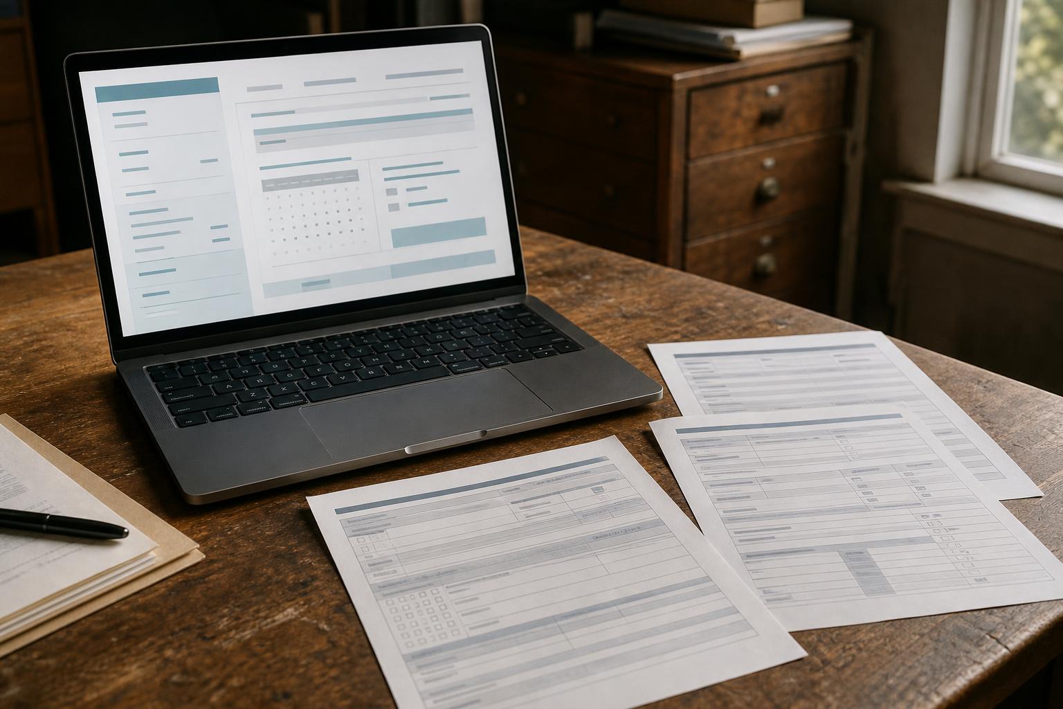 Laptop and printed forms sit on a wooden table near a window