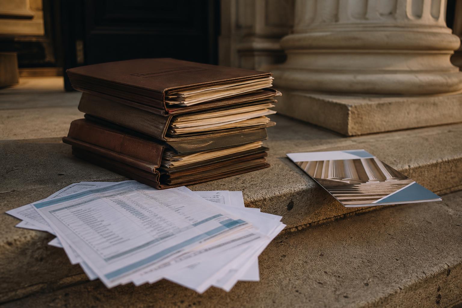 Stack of old leather-bound folders, loose papers, and photos on a stone step near a column
