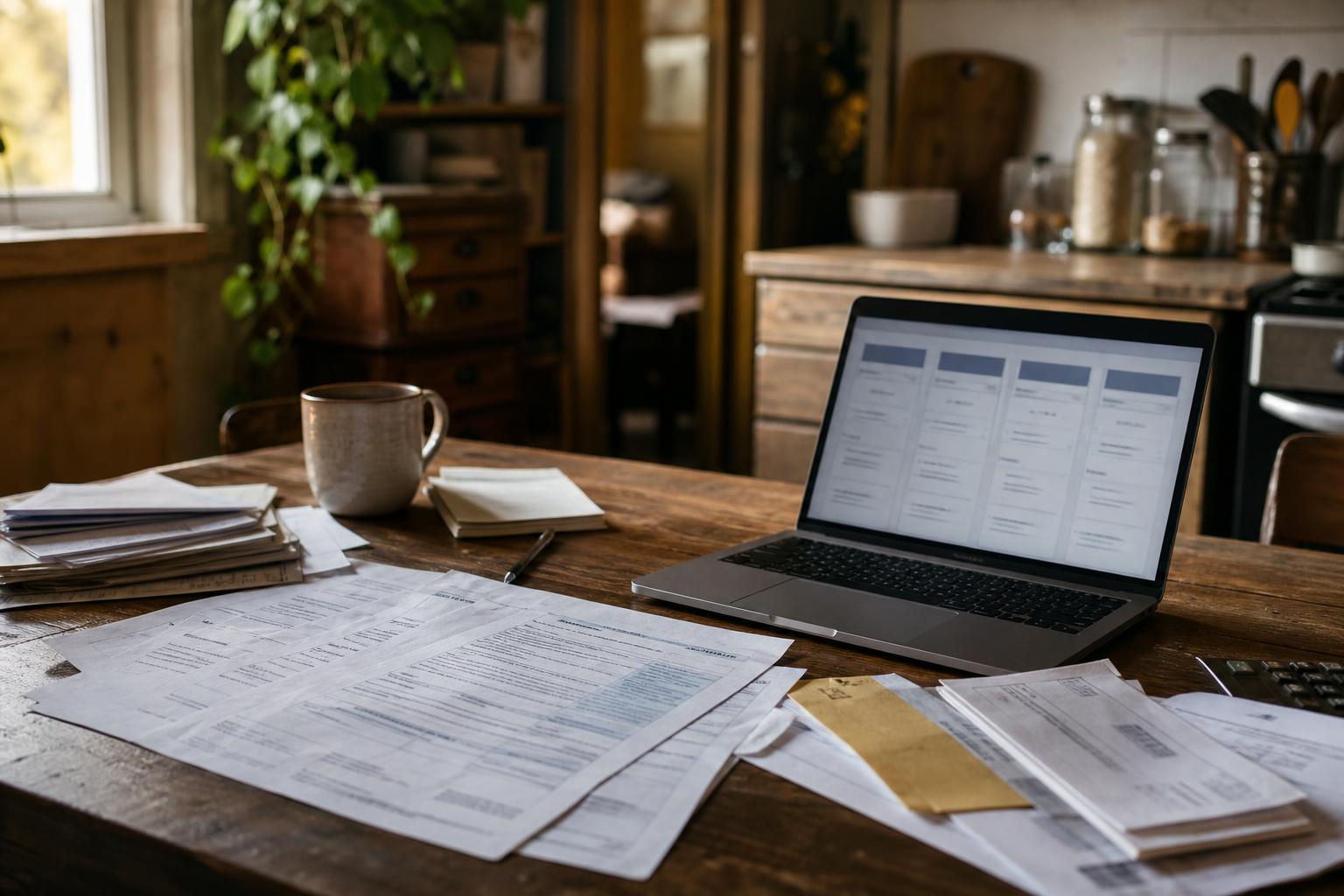 Open laptop, scattered documents, a coffee mug, and a pen on a rustic wooden kitchen table