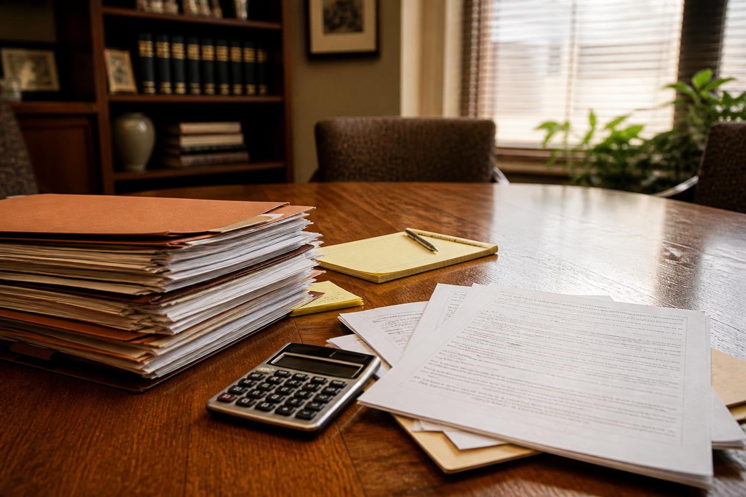 File folders, a calculator, a yellow notepad with pen, and papers on a wooden office desk