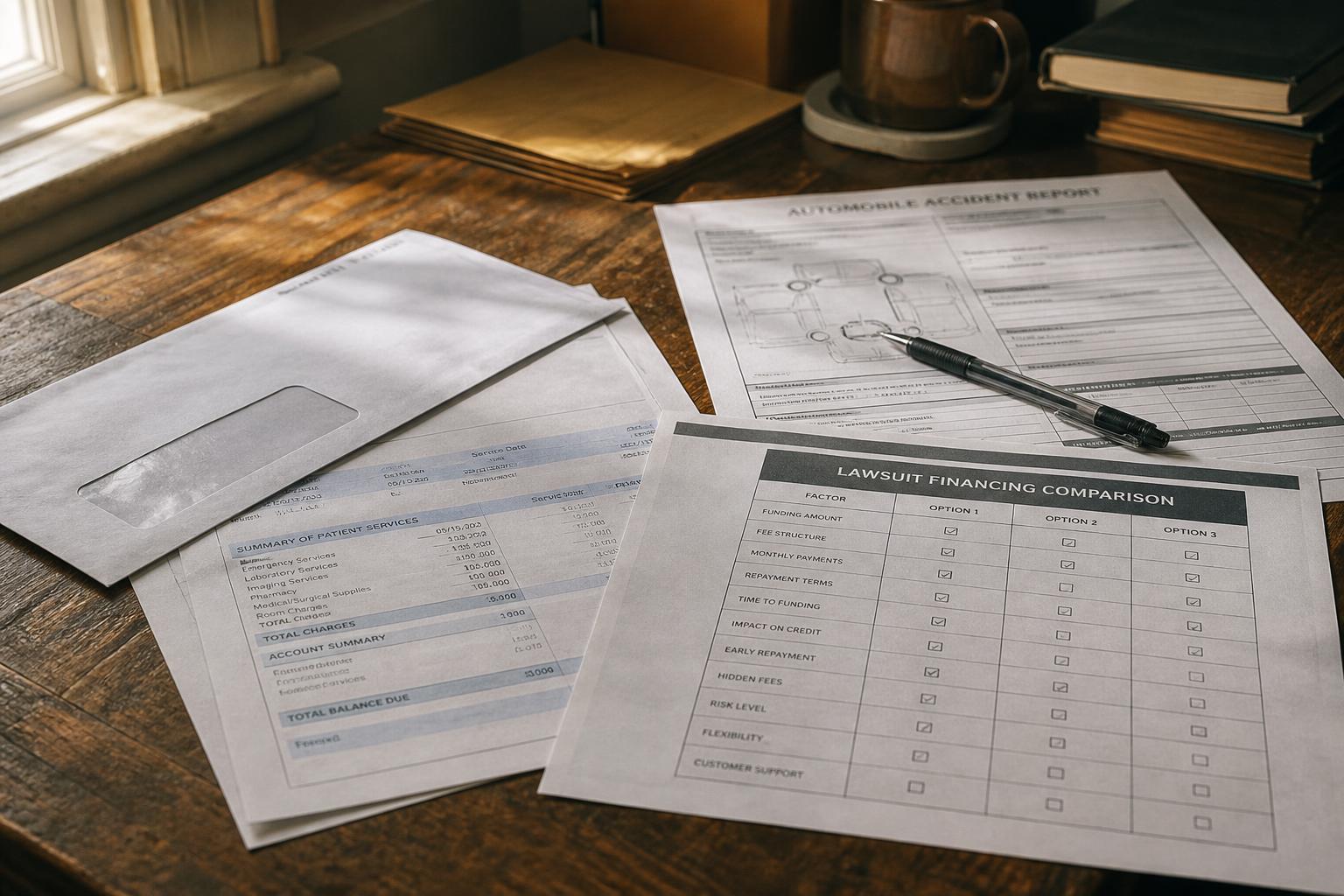 Medical bill, accident report, lawsuit financing comparison sheet, envelope, and pen on a wooden desk