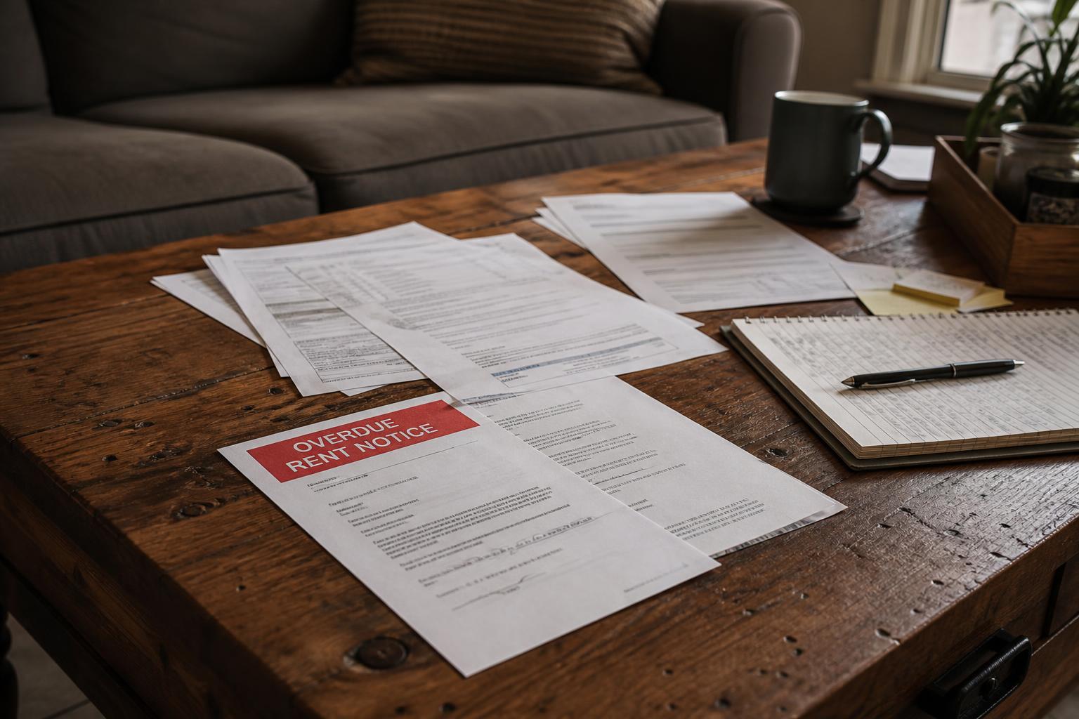 Overdue rent notice, spread-out papers, a notebook with pen, and a mug on a wooden coffee table