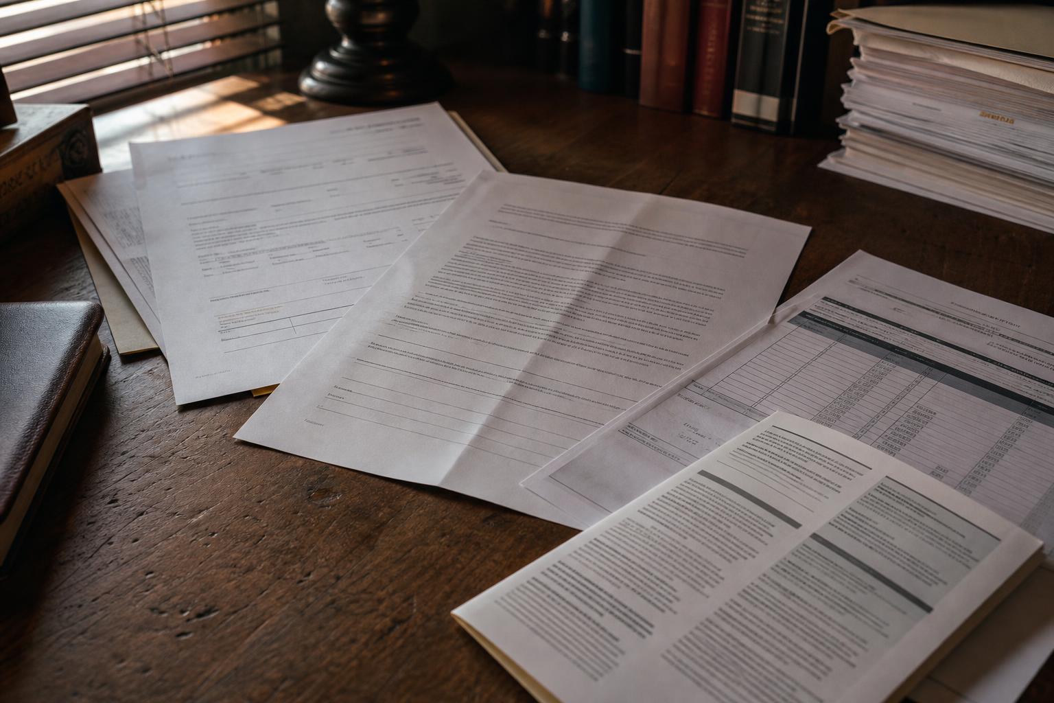 Printed legal documents and a tabbed paper stack on a sunlit wooden desk near books and blinds
