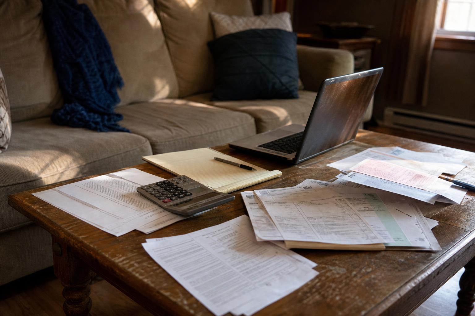 Laptop, calculator, notepad, pen, and scattered paperwork on a wooden coffee table in a living room