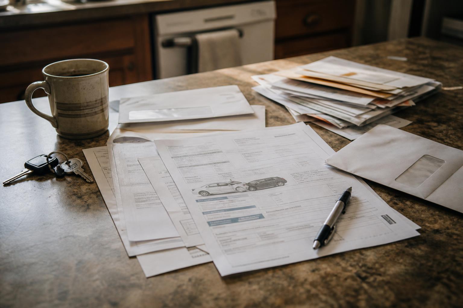 Car-accident paperwork, a pen, car keys, a coffee mug, and envelopes on a kitchen counter