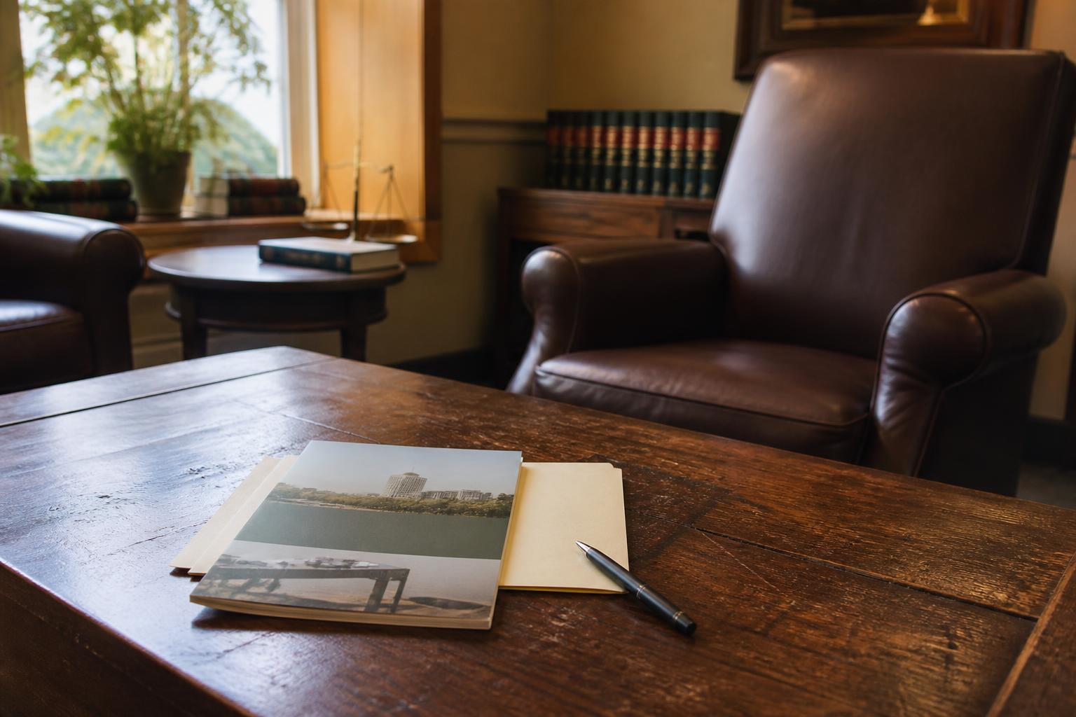 Photographs, a folder, and a pen on a dark wooden desk with leather chairs and law books behind