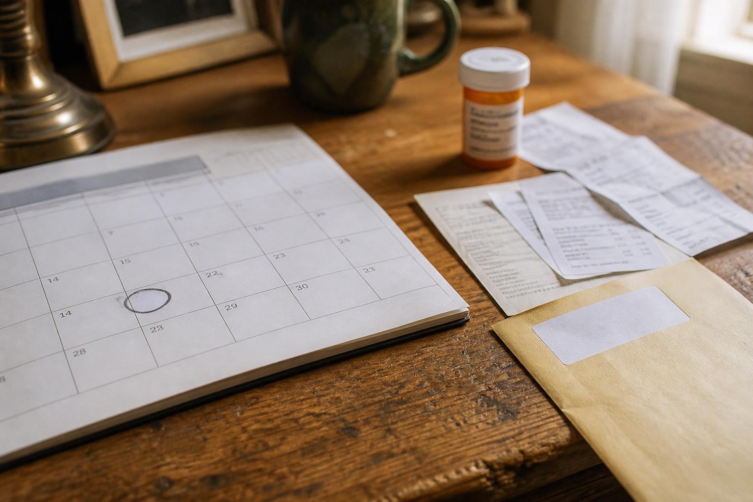 A calendar with a circled date, prescription bottle, receipts, and a manila envelope on a wooden desk