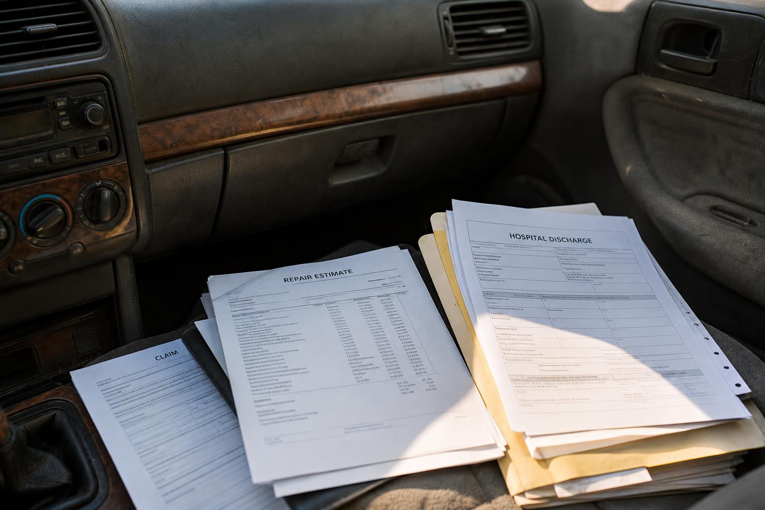 Claim, repair estimate, and hospital discharge papers stacked on a car passenger seat beside the dashboard