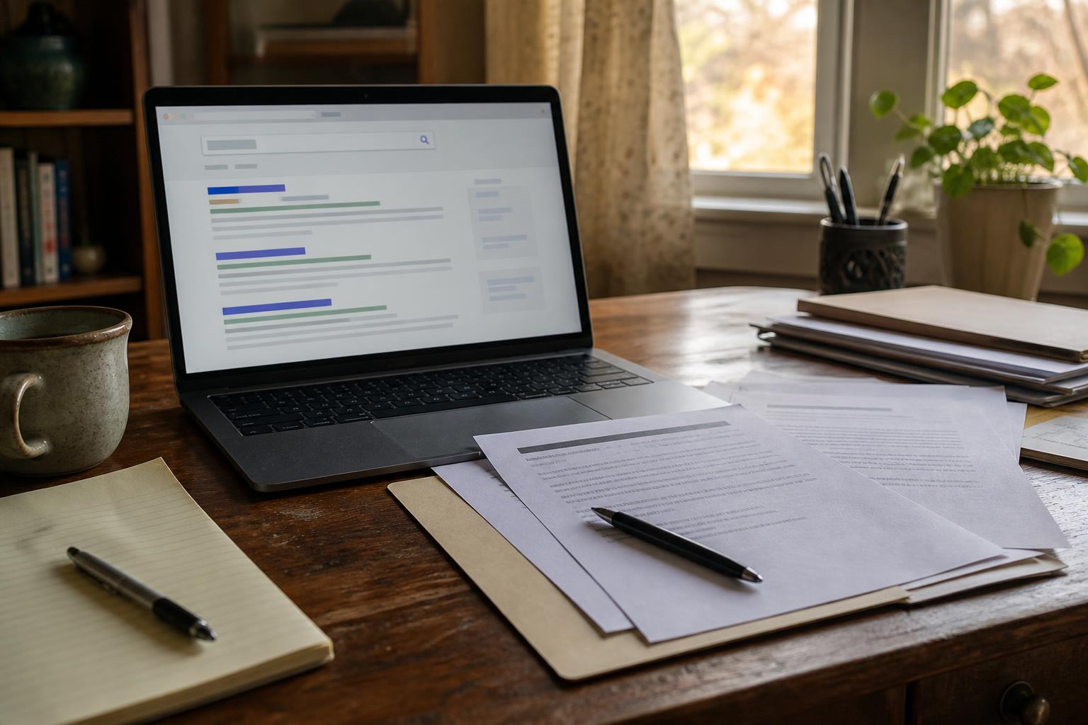 Laptop showing search results, documents, a pen, notepad, mug, and folders on a wooden desk
