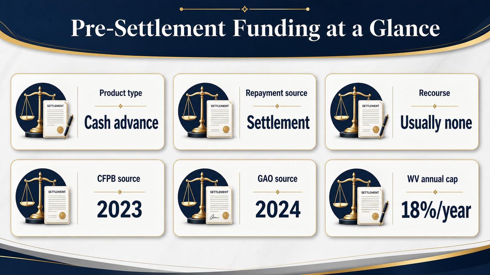 Infographic with six cards showing balance scales, settlement documents, and funding terms on a navy background