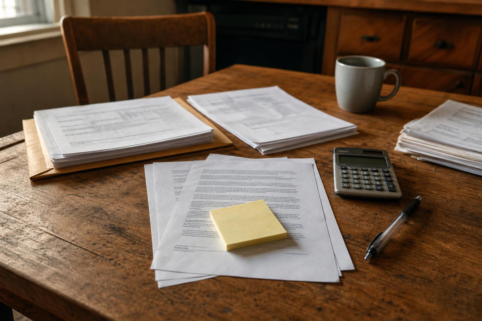Stacks of papers, calculator, pen, sticky notes, and mug sit on a wooden table