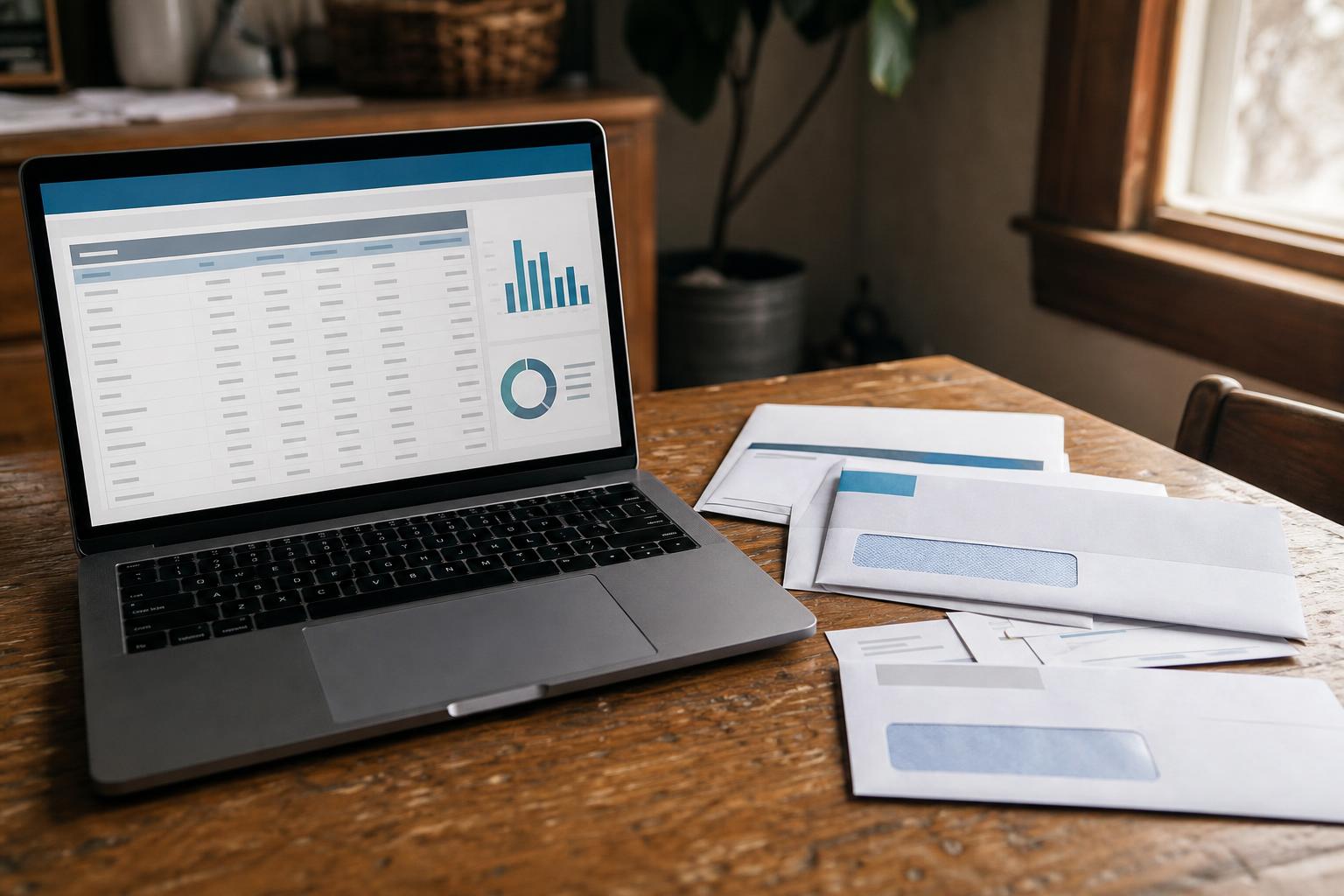 Laptop displays charts beside envelopes and papers on a wooden table near a window