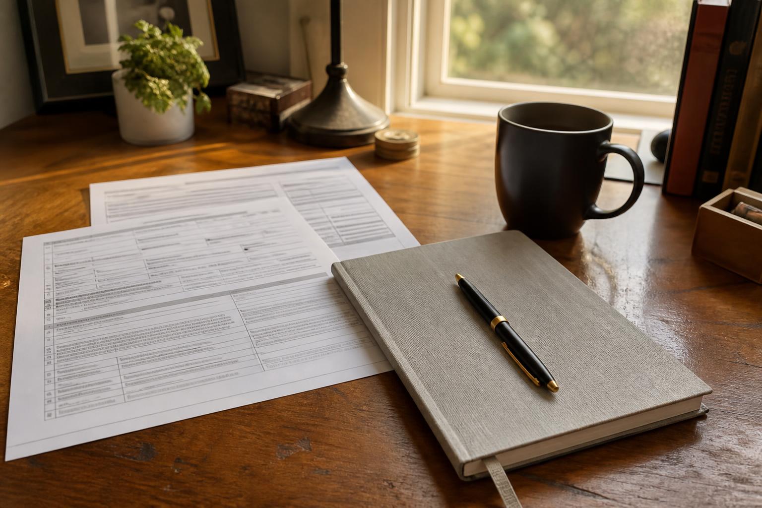 Forms, notebook, pen, mug, books, lamp, and plant sit on a wooden desk