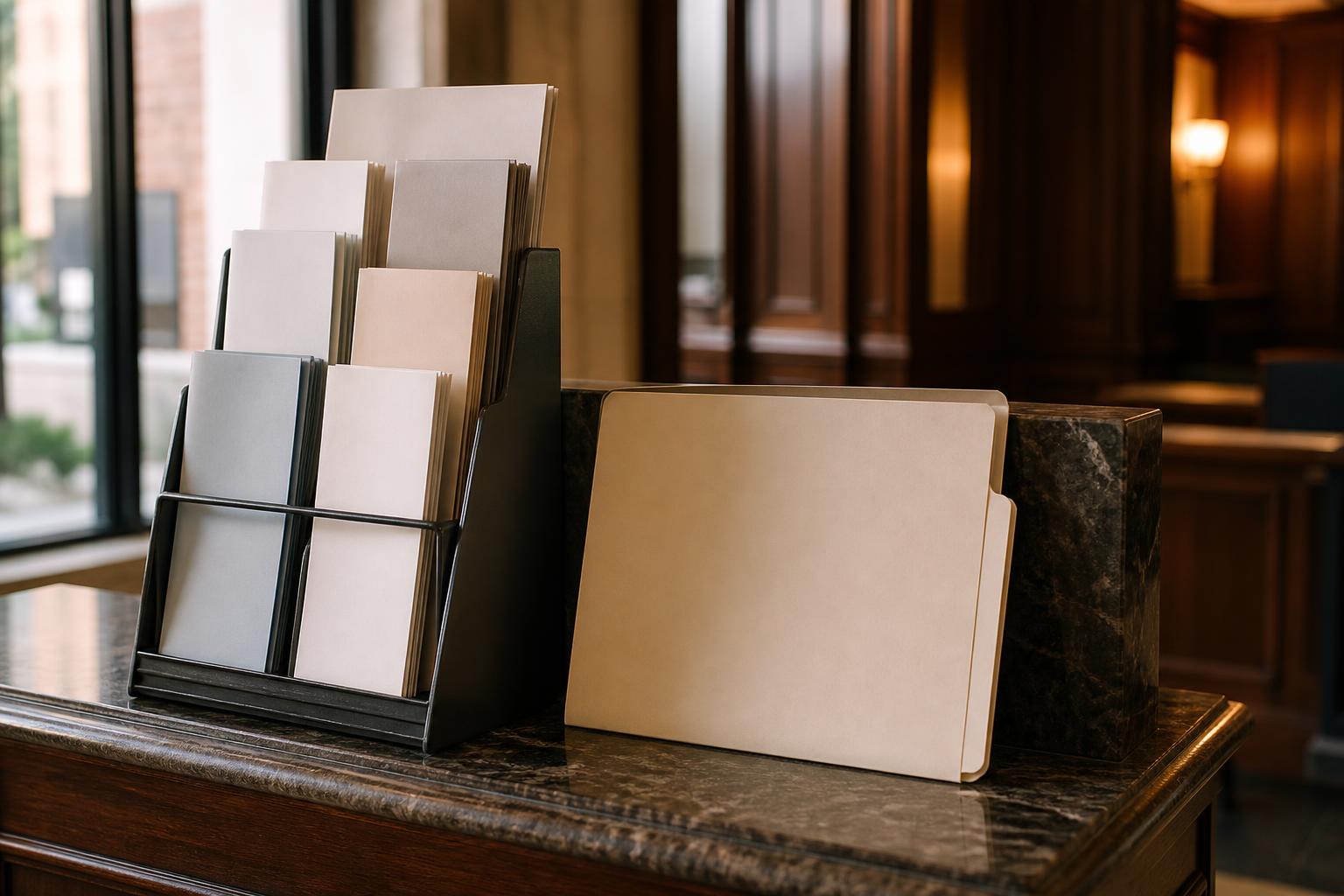 Paper folders stand in a holder beside a folder on a marble counter