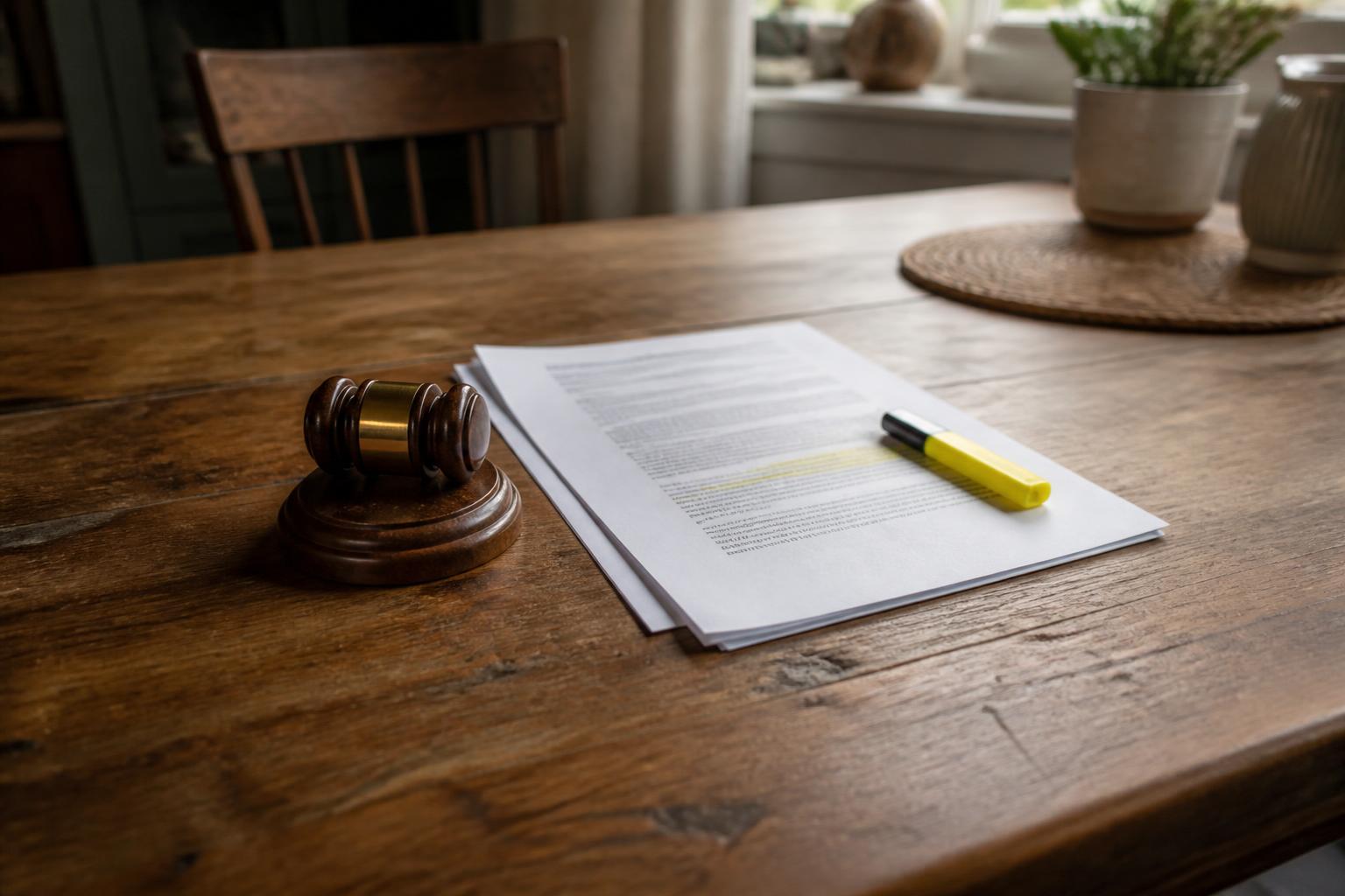 A gavel, highlighted papers, and marker lie on a wooden table