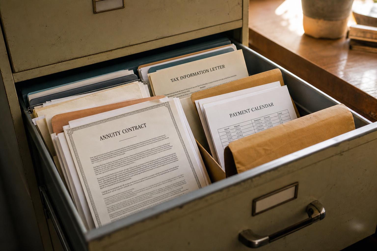 Open filing cabinet drawer contains labeled folders, contracts, letters, and payment calendar