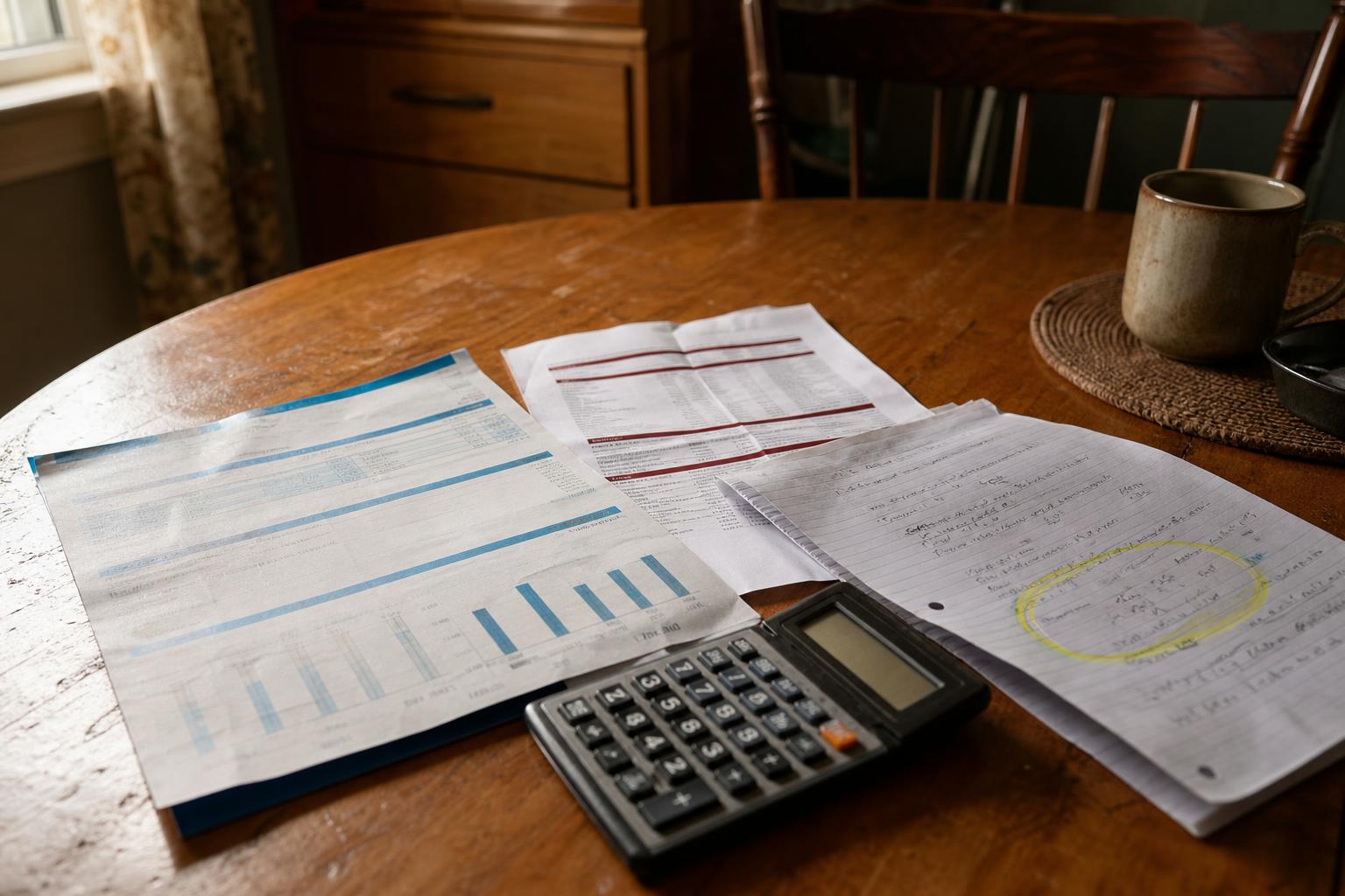 Financial papers, handwritten notes, calculator, and mug sit on a wooden table