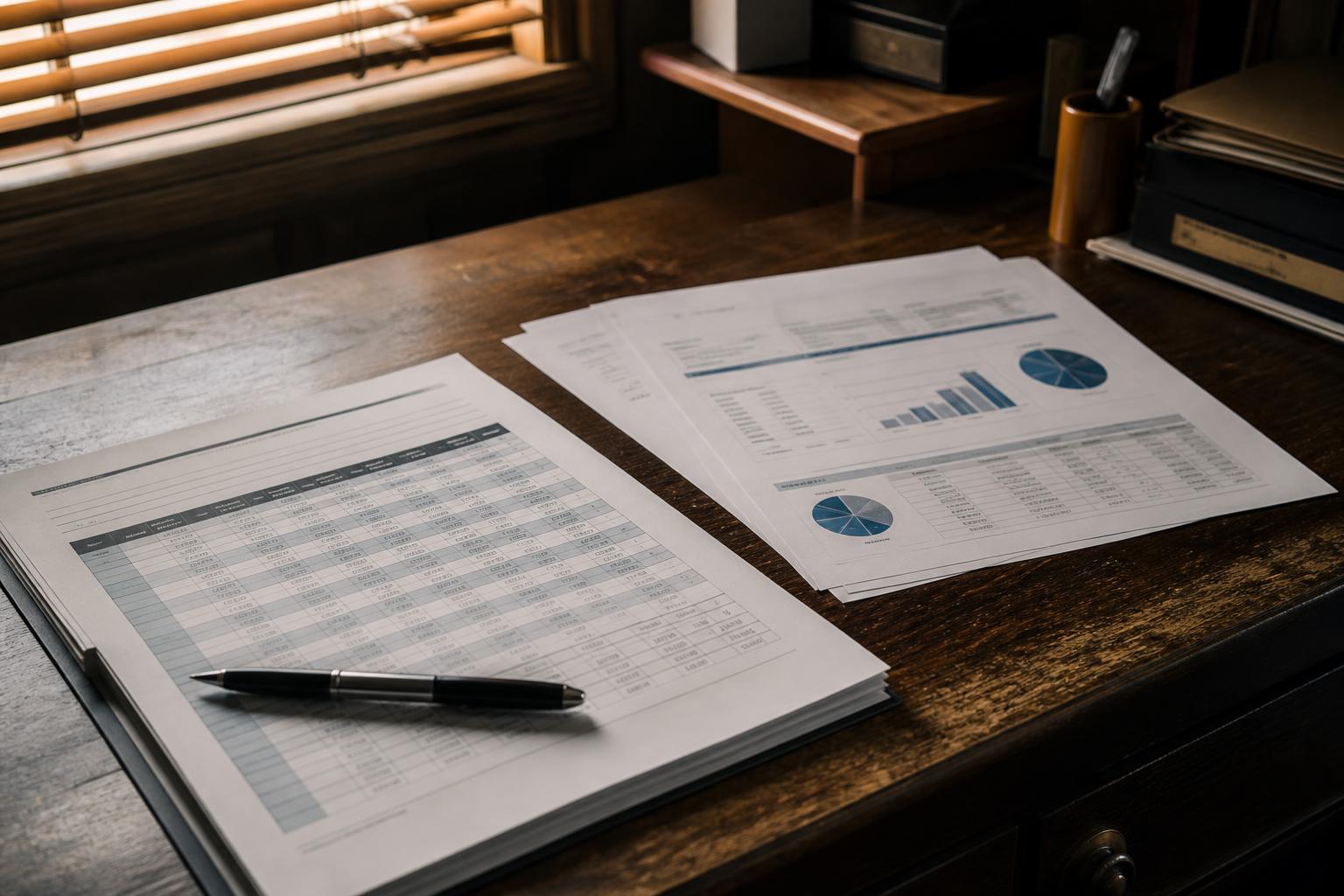 Printed spreadsheets and charts with a pen lie on a wooden desk