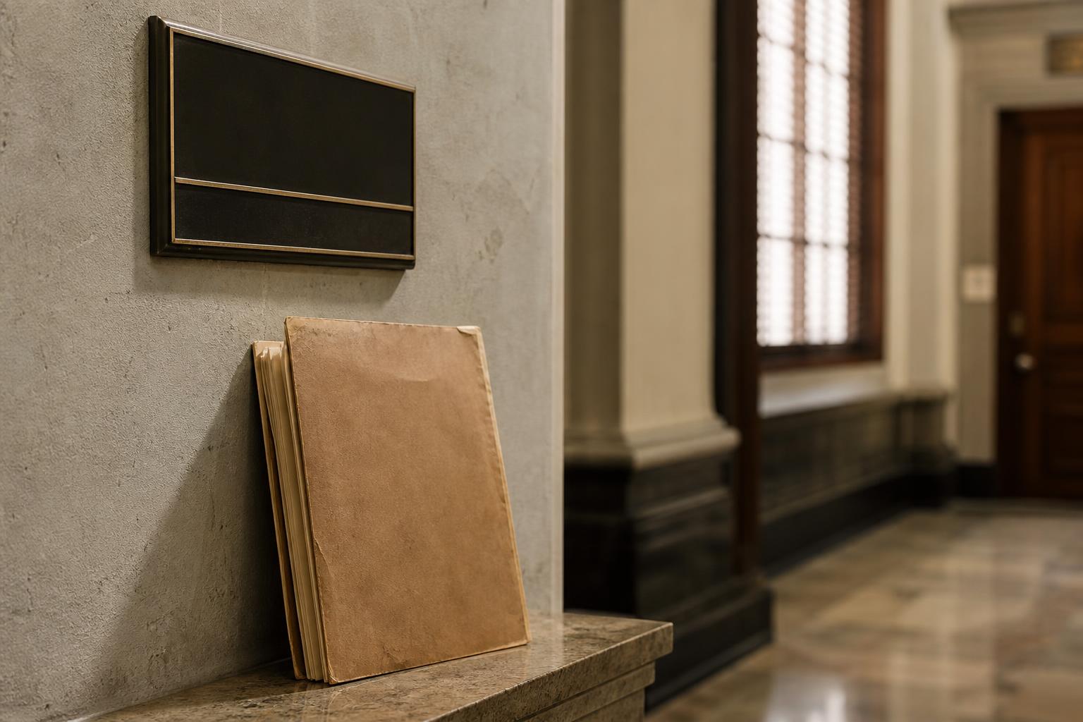 A folder rests below a blank plaque in a courthouse hallway