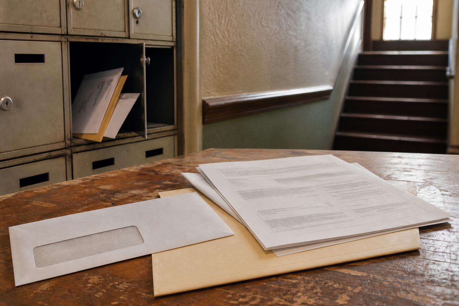 Envelopes and forms sit on a table beside open metal mailboxes