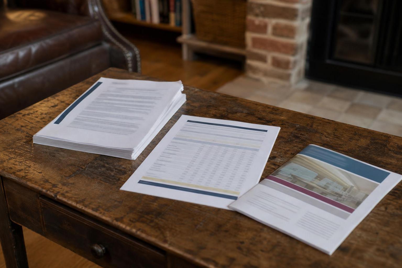 Stacks of documents and printed pages lie on a wooden coffee table
