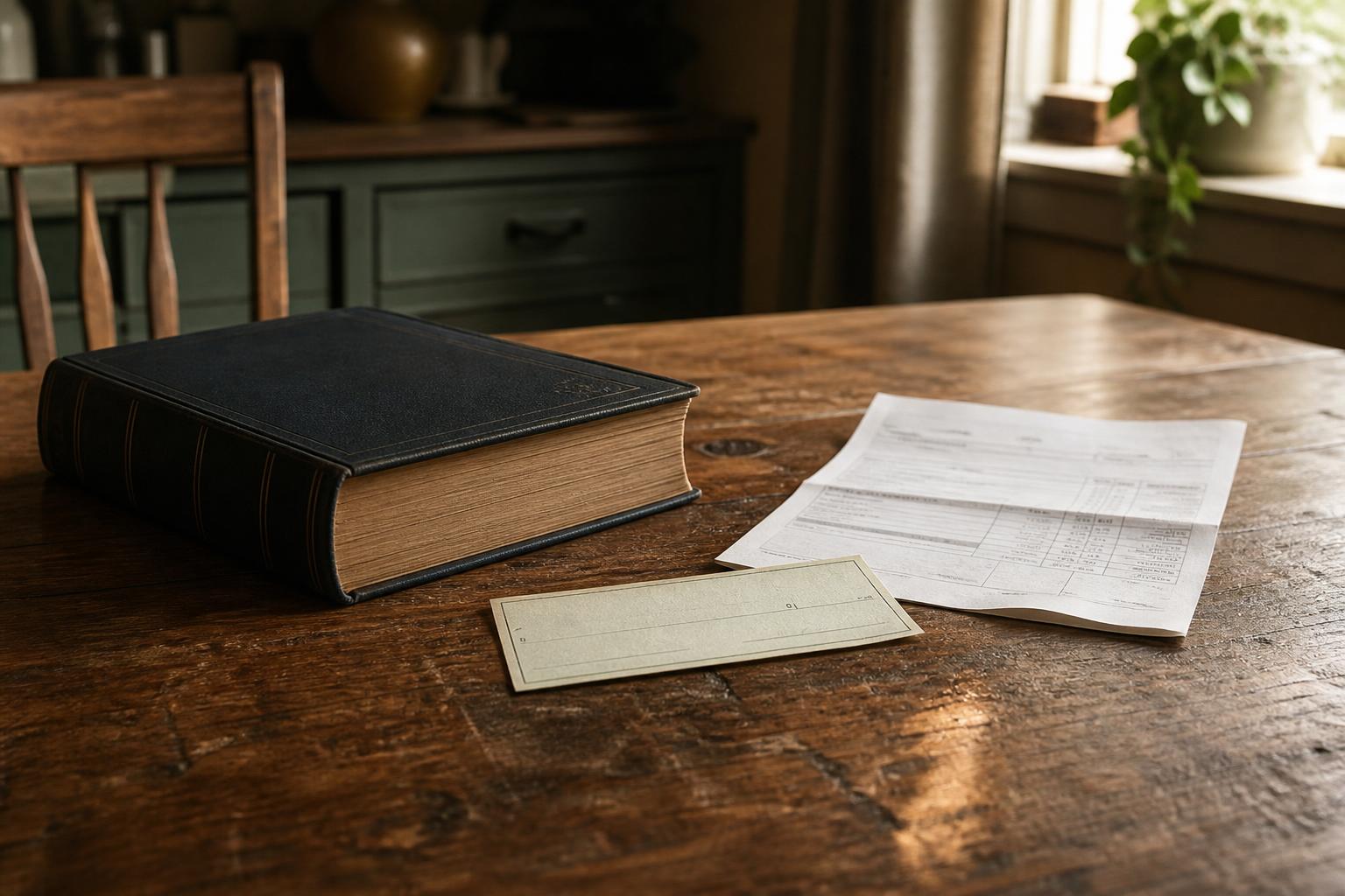 A thick leather-bound book, a blank check, and papers on a rustic wooden table