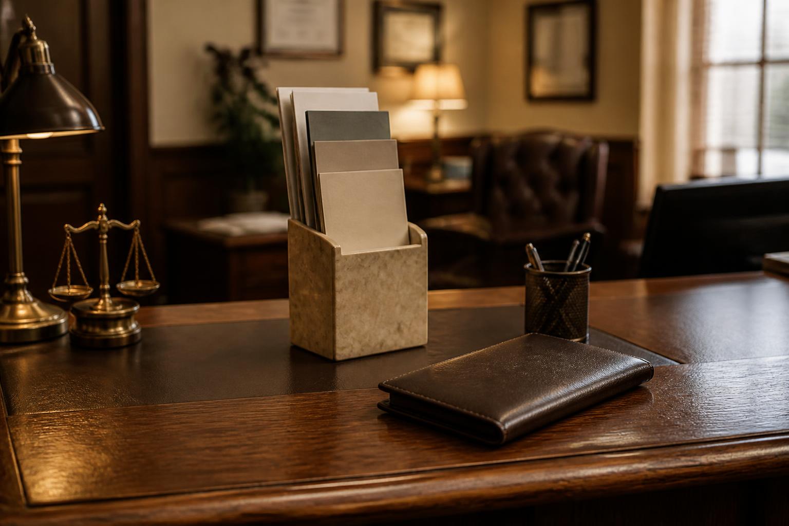 A dark wooden desk with brass balance scales, a file holder, leather folder, and pen cup