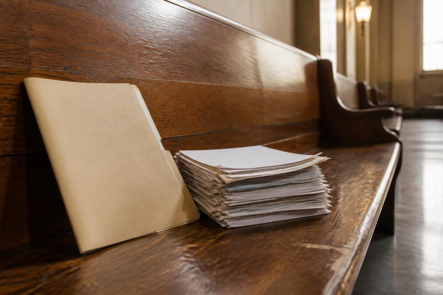 A manila folder and a stack of papers sitting on a wooden courtroom bench