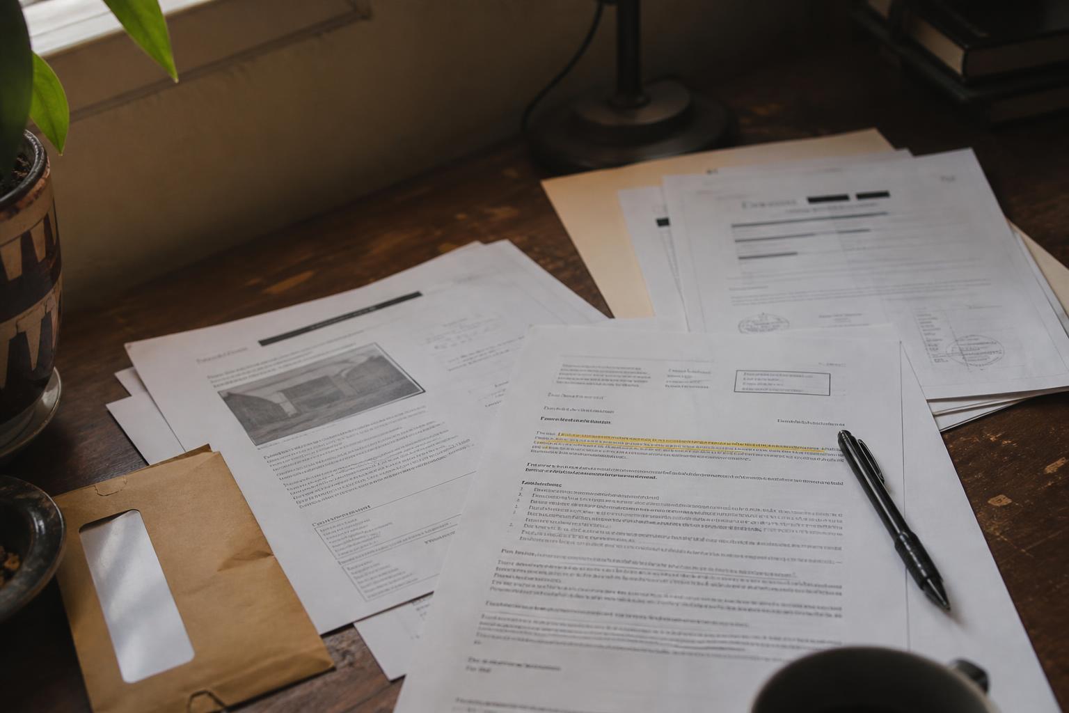 Printed documents, a pen, a brown envelope, and a potted plant on a wooden desk