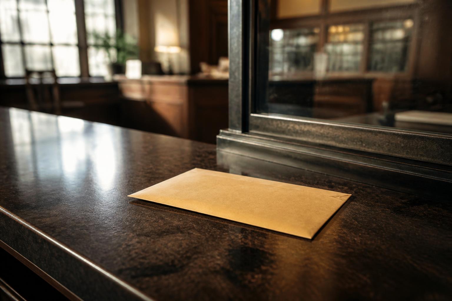 A brown envelope resting on a dark granite counter near a glass partition window