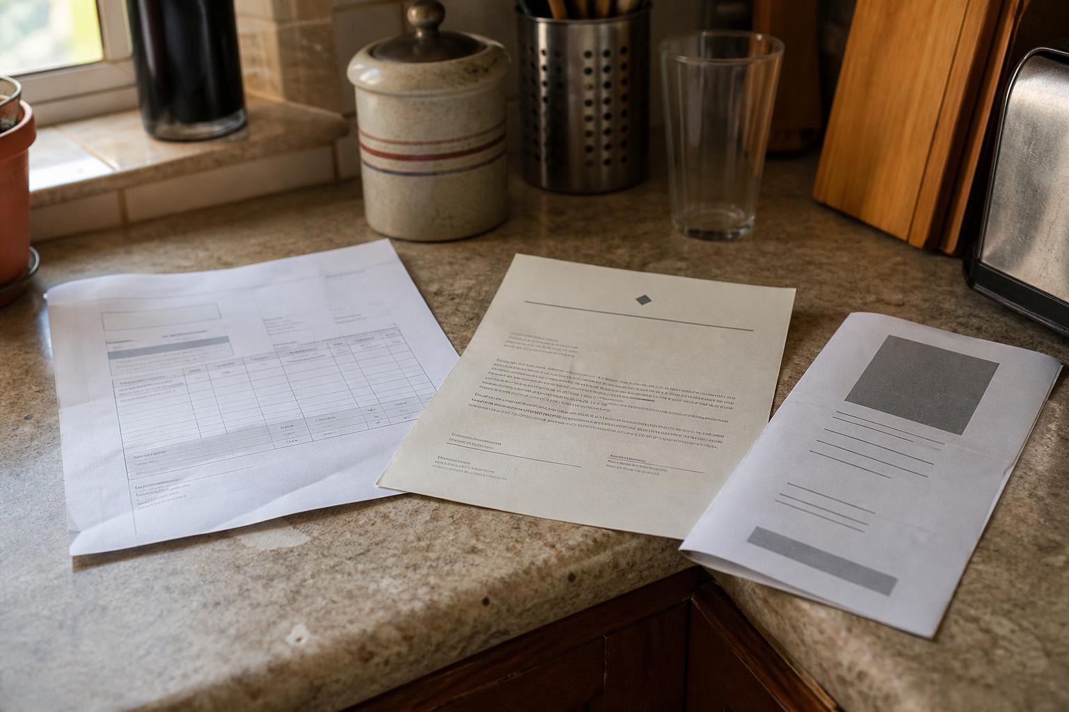 Three printed documents and an envelope on a kitchen countertop with a canister and glass
