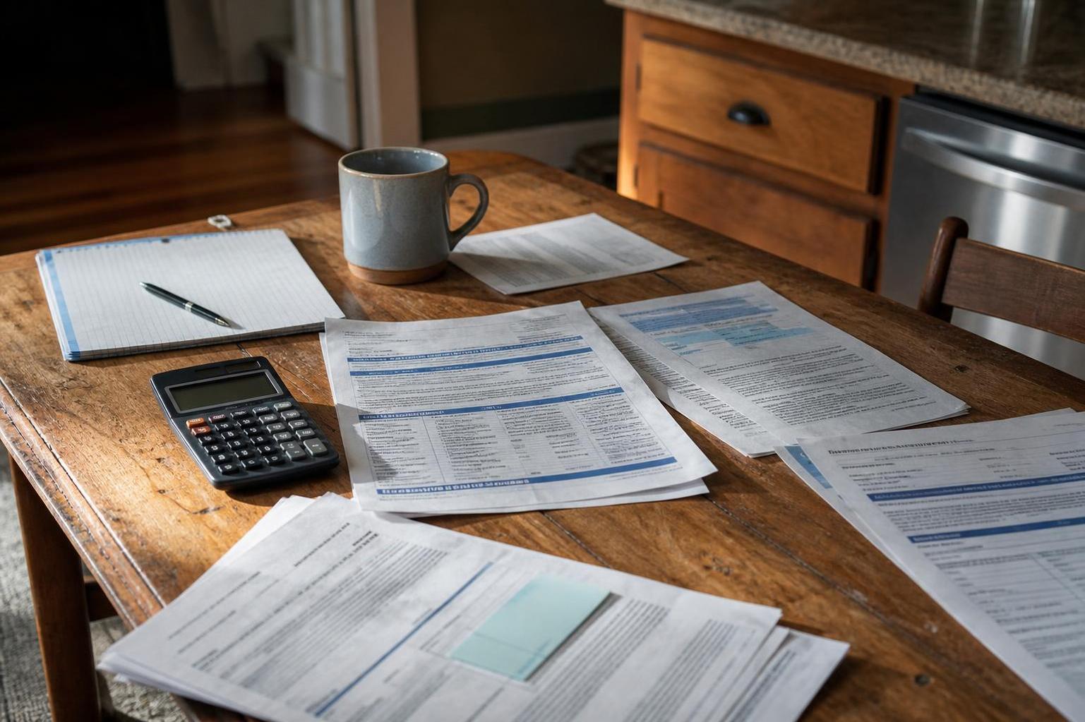 Papers, a calculator, notebook, pen, and mug sit on a wooden table