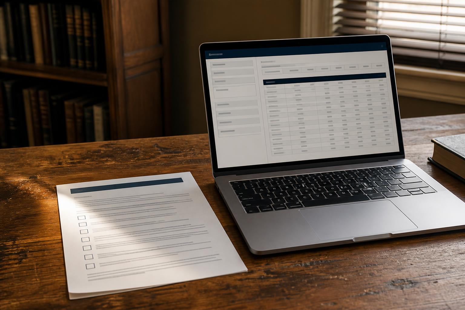 A laptop, checklist page, and book rest on a wooden desk