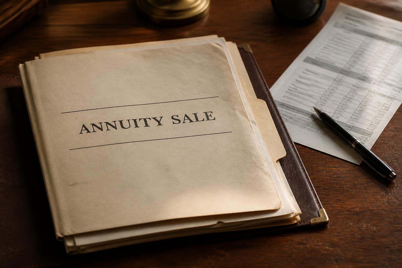 A folder labeled ANNUITY SALE lies beside a spreadsheet and pen
