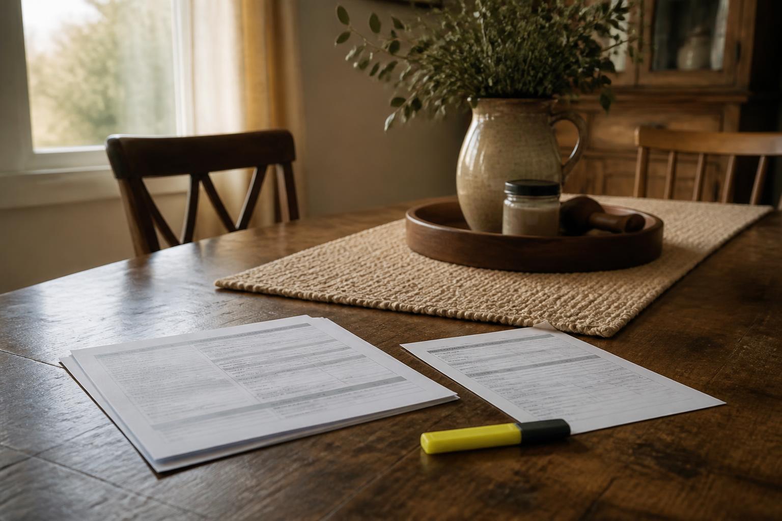 Printed forms and a yellow highlighter sit on a dining table