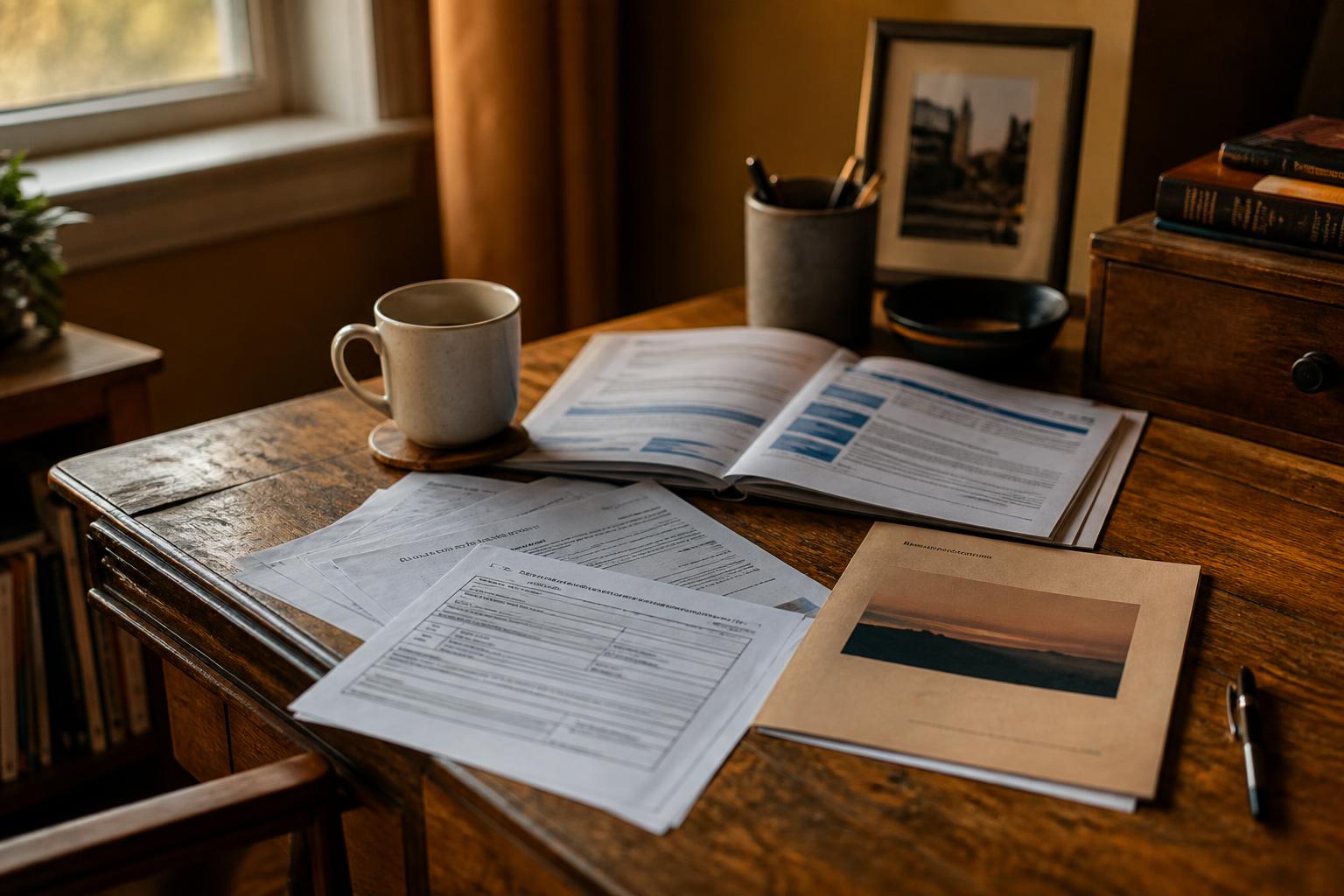 Documents, an open booklet, mug, and folder cover a wooden desk