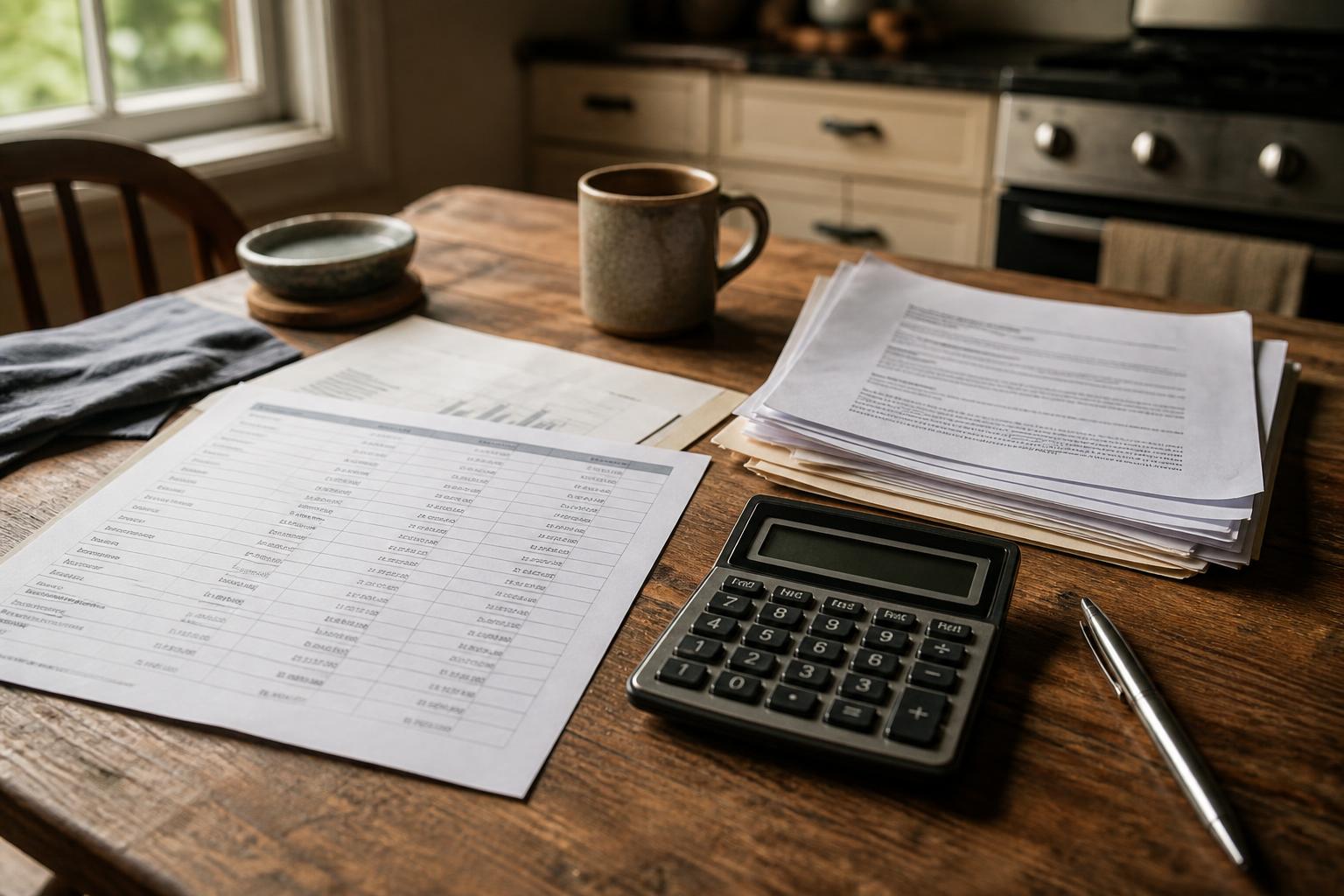 A calculator, papers, pen, and mug sit on a wooden kitchen table