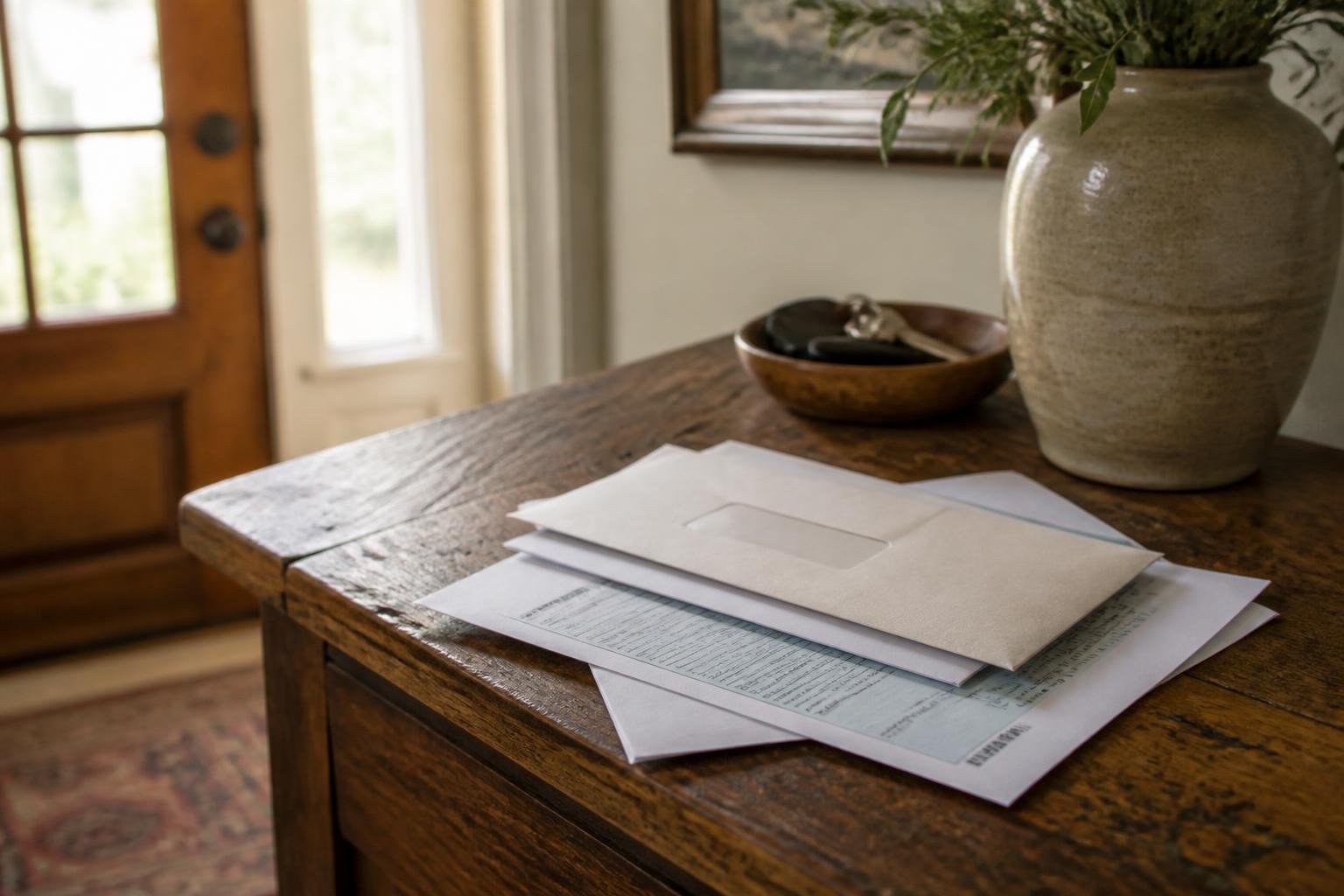 Envelopes and papers rest on a wooden table near a vase and door