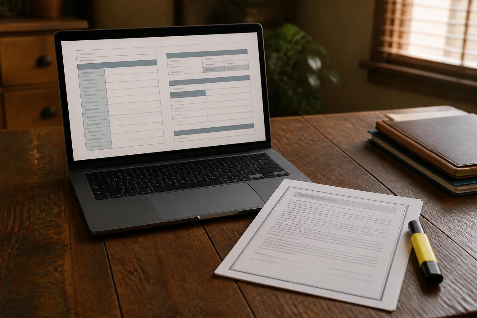 A laptop displays forms beside printed papers and a marker on a table