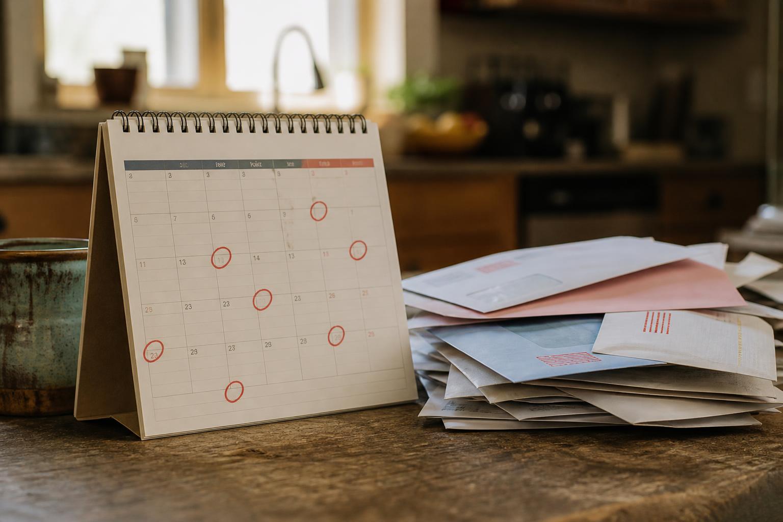 A desk calendar with circled dates stands beside stacked envelopes in a kitchen