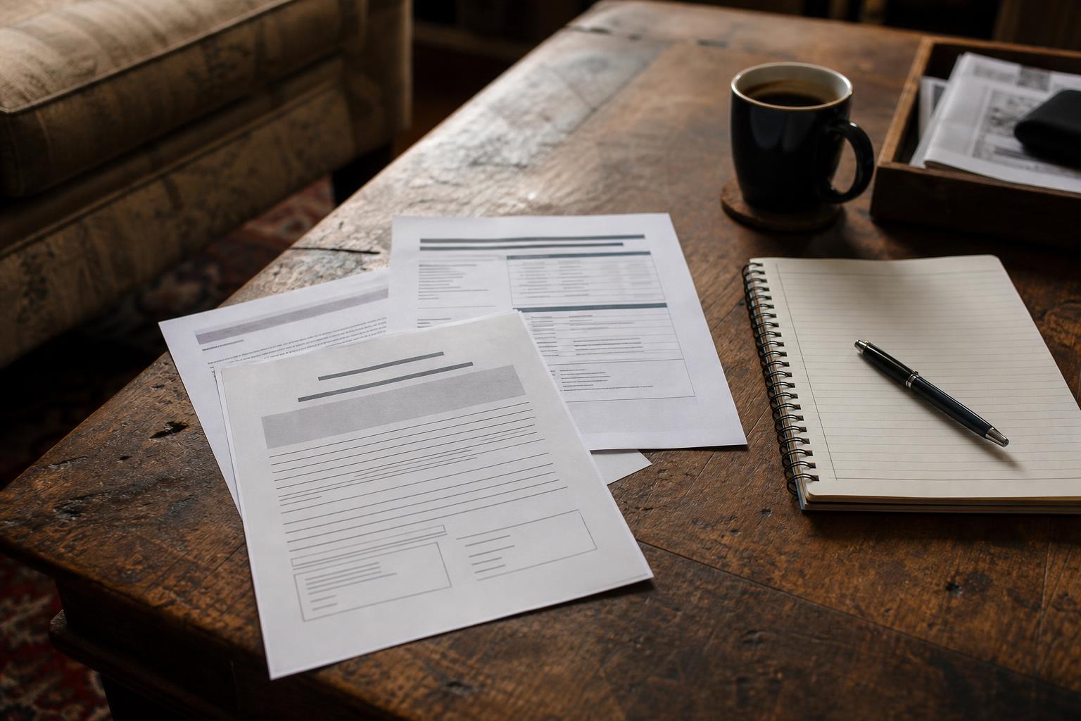 Printed documents, a notebook, pen, and mug sit on a wooden table